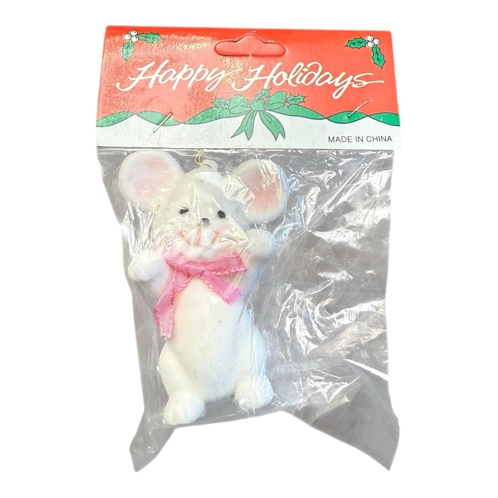 Vintage 1980s “Happy Holidays” White Mouse Christmas Ornament with Pink Bow NWT